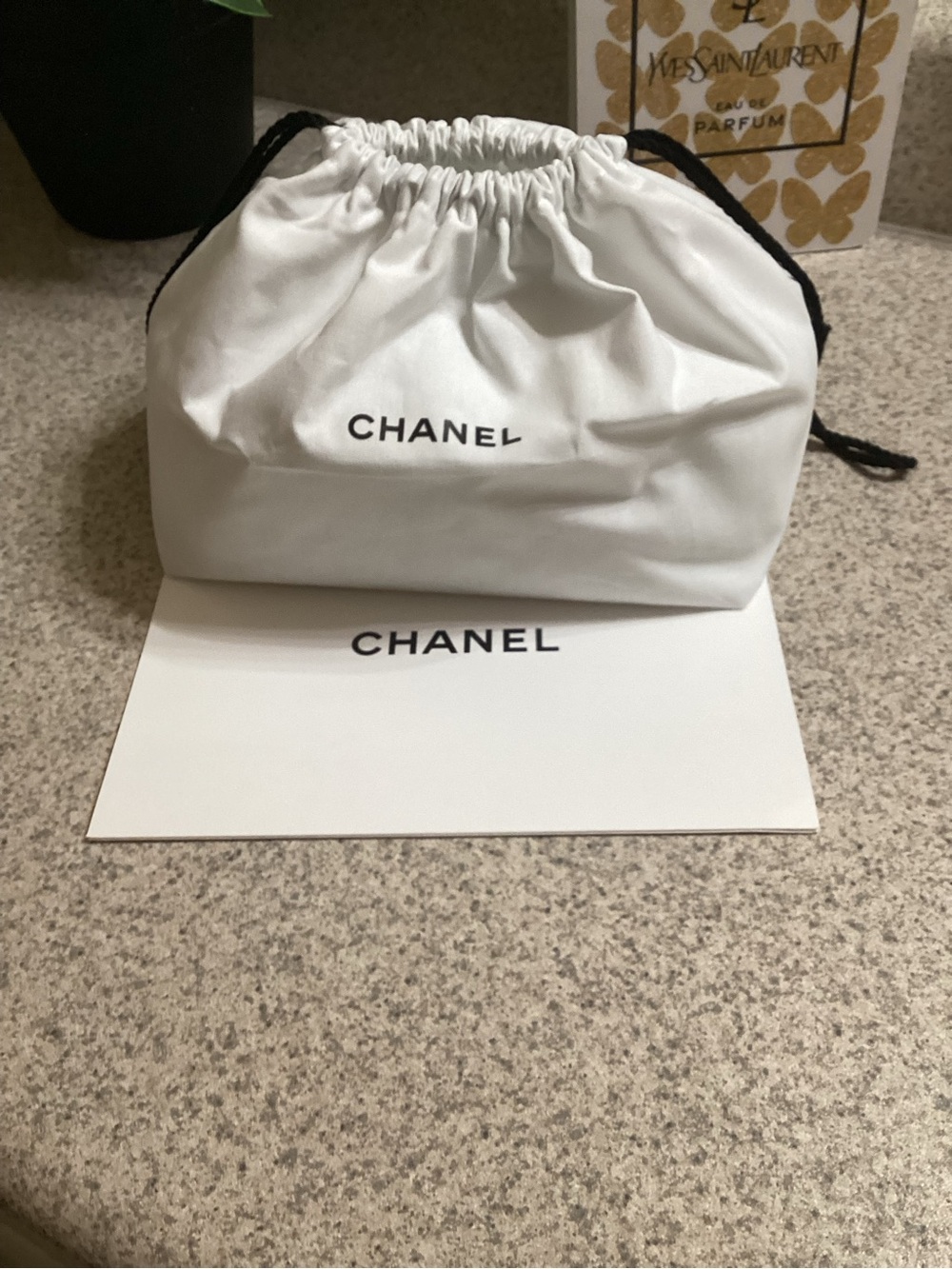 CHANEL White Drawstring Pouch with Black Logo